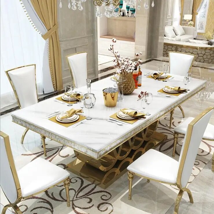Custom-made Italian elegant modern luxury golden stainless steel frame High-end villa rectangular marble dining table