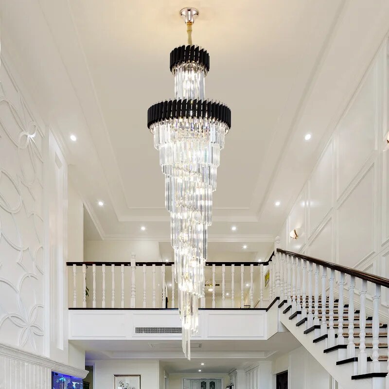 Modern Luxury Crystal lights LED Living Room Chandelier Black Fixtures Staircase Rotating Decorative Hang lighting