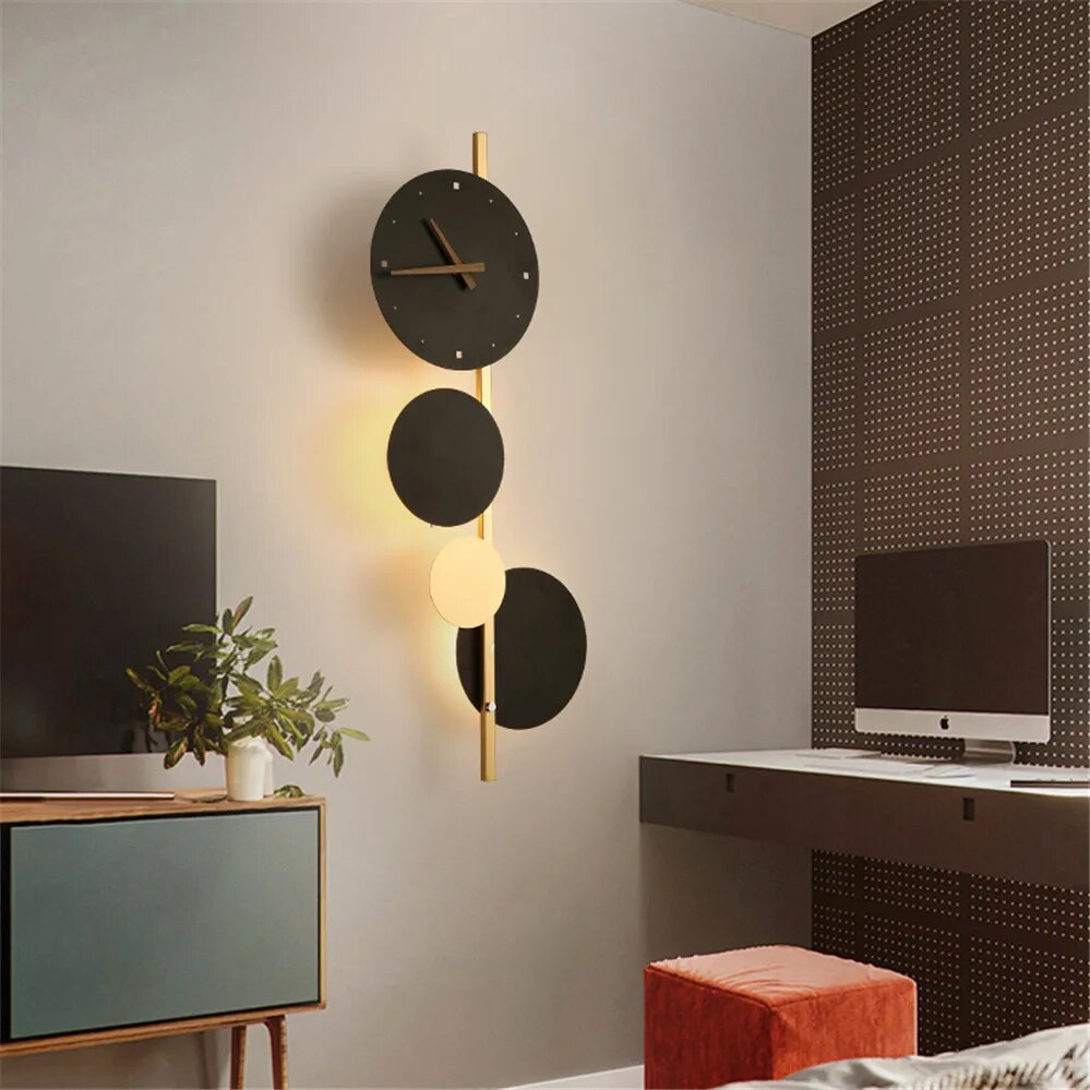 Postmodern Designer Fashion Clock Led Wall Lamp Hotel Restaurant Hallway Luxury Deco Round Combination Wall Sconce Light Fixture