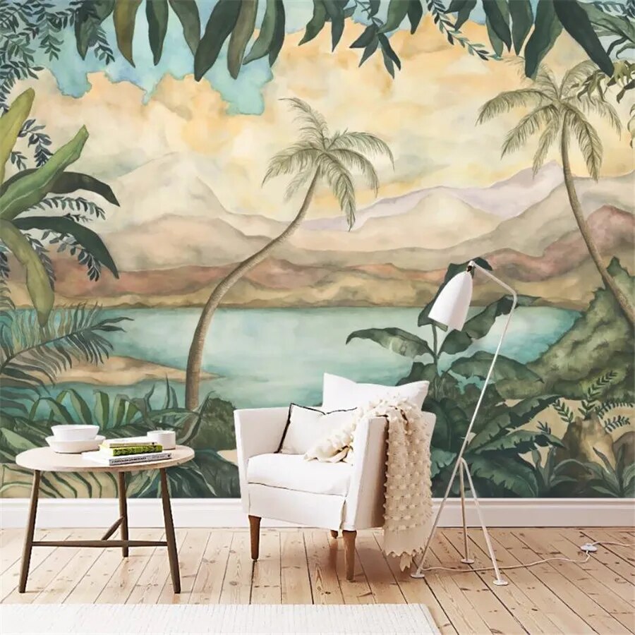 Customized 3D wallpaper mural modern retro nostalgic rainforest idyllic coconut tree landscape background wall luxury decoration