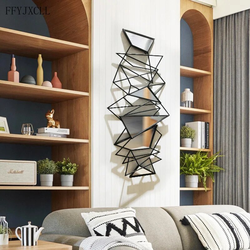 Modern Luxury Metal Background Wall Decoration Living Room Three-dimensional Geometric Porch Mirror Wall Pendant