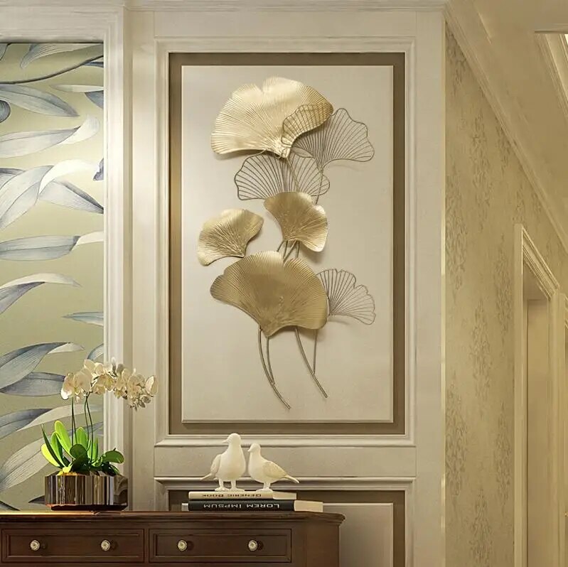 Modern Luxury Wrought Iron Wall Hanging Ginkgo Leaf Crafts Decoration Home Background Wall Sticker Porch Metal Mural Accessories