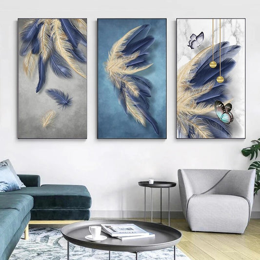 Modern Blue Abstract Feather Canvas Painting Nordic Poster and Prints Wall Art Picture for Living Room Luxury Decoration Cuadros