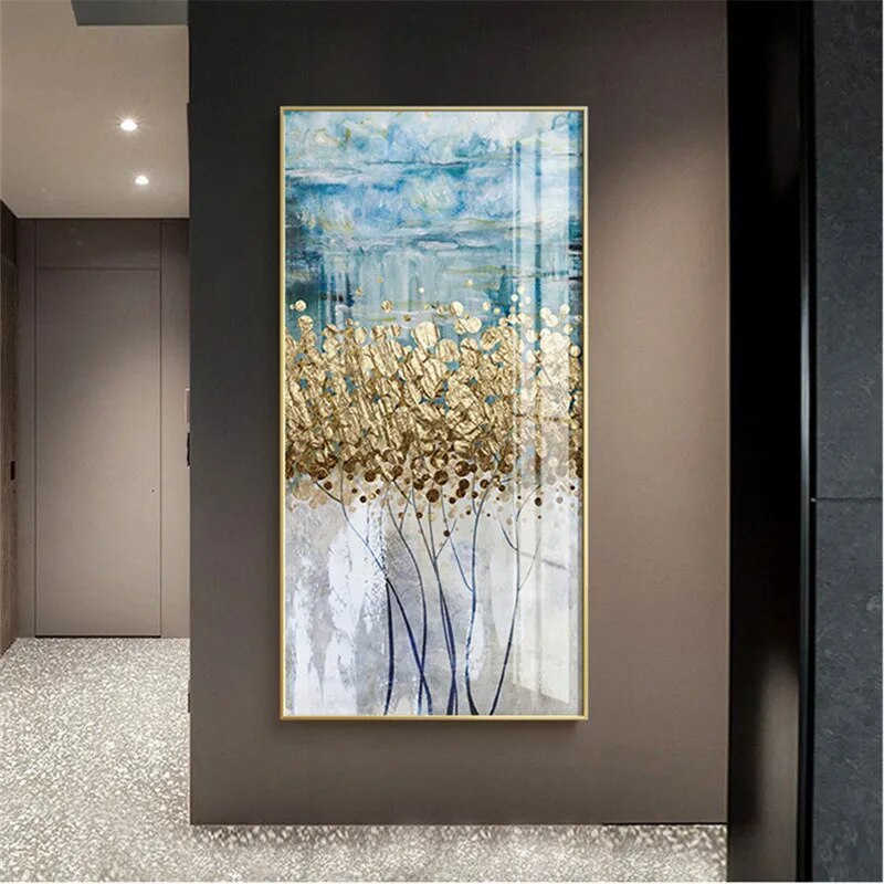 Modern Fancy Canvas Painting Golden Fortune Tree Abstract Art Poster Print Wall Picture for Living Room Home Office Porch Decor