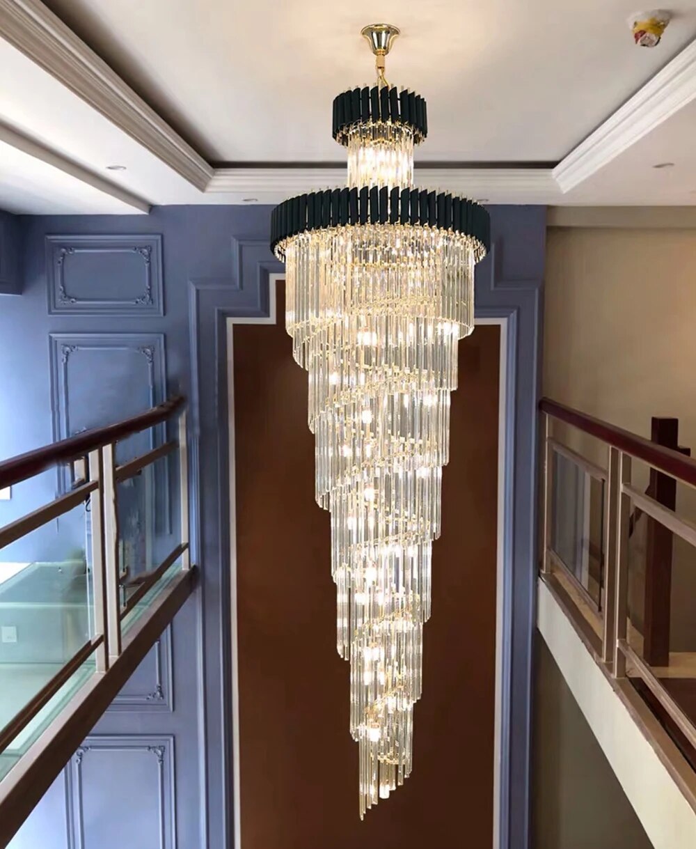 Modern Luxury Crystal lights LED Living Room Chandelier Black Fixtures Staircase Rotating Decorative Hang lighting