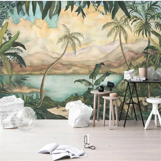 Customized 3D wallpaper mural modern retro nostalgic rainforest idyllic coconut tree landscape background wall luxury decoration