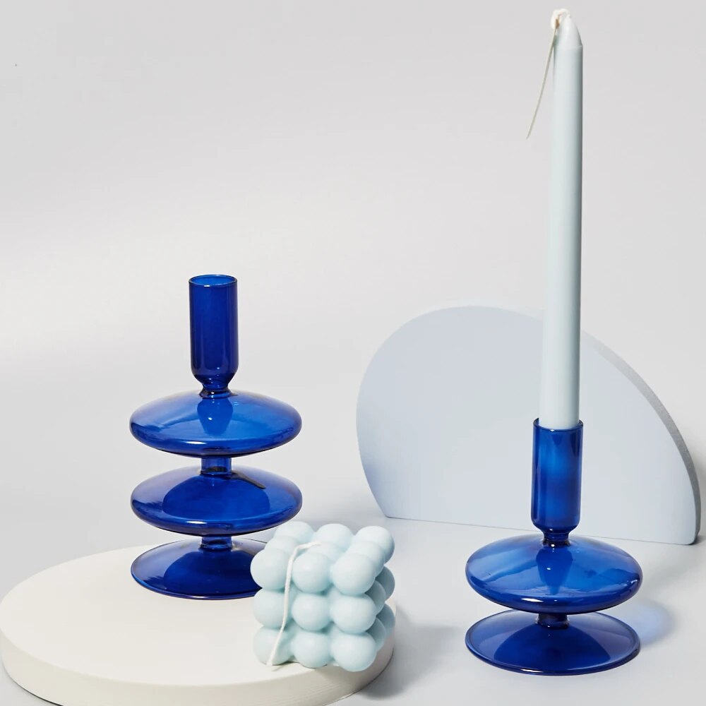 Blue Glass Candle Holder Candlesticks for Wedding Birthday Holiday Home Decoration Morden Decorative Glass