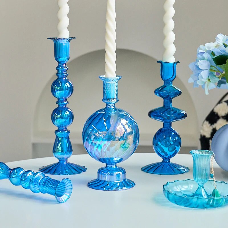 Blue Glass Candle Holder Candlesticks for Wedding Birthday Holiday Home Decoration Morden Decorative Glass